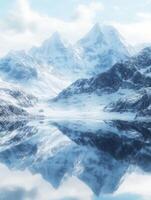 Majestic snowy mountains reflecting in a serene lake photo