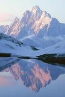 Snowy mountain peak reflecting in still alpine lake photo