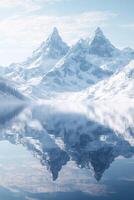 Snowy mountain peaks reflected in calm water during daylight photo