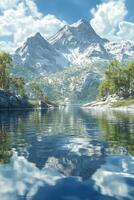 Majestic mountain reflected in serene lake under blue sky photo