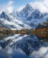 Majestic mountain landscape reflecting in calm blue lake photo