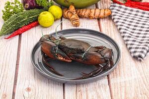 A plate of crabs on a table with other vegetables photo