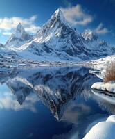 Majestic snow-capped mountains reflecting in calm water photo