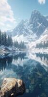 Snowy mountain landscape reflecting in calm lake water photo