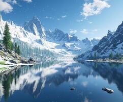 Serene winter landscape with snow-capped mountains and calm lake photo