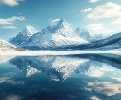 Snowy mountain range reflects beautifully in calm lake photo