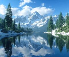 Majestic snow-capped mountains reflect in serene lake photo