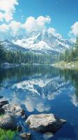 Serene mountain lake reflecting sky and peaks in summer photo