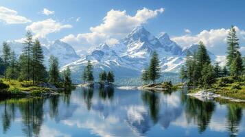 Majestic mountains reflecting in a serene lake under blue skies photo