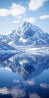 Snow-covered mountain reflects in calm lake water photo