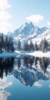 Stunning snowy mountain landscape with clear lake reflection photo