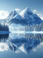 Snowy mountain reflection over tranquil lake in winter photo