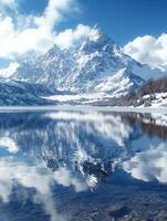 Mountains reflect in tranquil lake during clear winter day photo