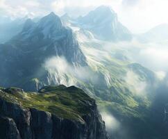 Mountains shrouded in mist during early morning light photo