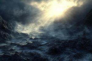 A dark ocean with a sun shining through it photo