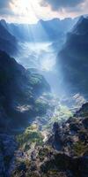Majestic valley illuminated by sunlight in mountainous region photo