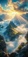 Majestic mountain landscape with sun rays illuminating sky photo