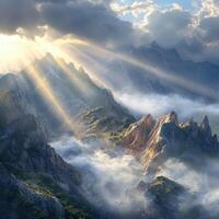 Sunlight breaking through clouds over majestic mountains photo