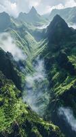 Lush green valley nestled between misty mountains photo