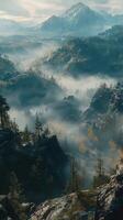 Majestic mountain landscape shrouded in mist at dawn photo