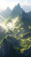Majestic mountain range shrouded in mist during sunrise photo