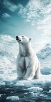 Polar bear standing on ice with blue sky background photo