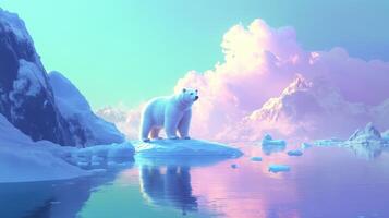 A polar bear standing on an iceberg in the middle of a lake photo