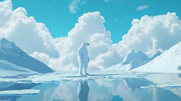 A man standing on an ice floe in the middle of a lake photo