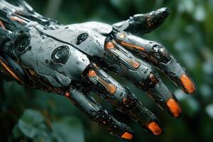 Cyborg hand reaching out in a lush green environment photo