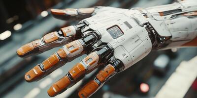 Intricate cyborg hand showcasing advanced technology in action photo