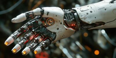 Detailed cyborg hand showcasing advanced mechanical design photo