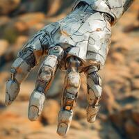 Hand of a futuristic cyborg reaching out in a rocky landscape photo