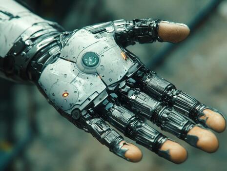 Detailed close-up of an advanced cyborg hand in action photo
