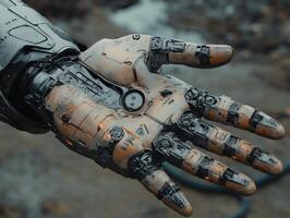 Detailed close-up of a cyborg's intricate metallic hand photo