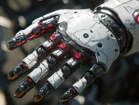 Cyborg hand displaying intricate technological details photo