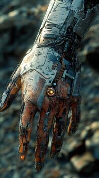 Cyborg hand showcasing intricate mechanical details and textures photo