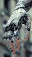Cyborg hand reaching out in a futuristic urban setting photo