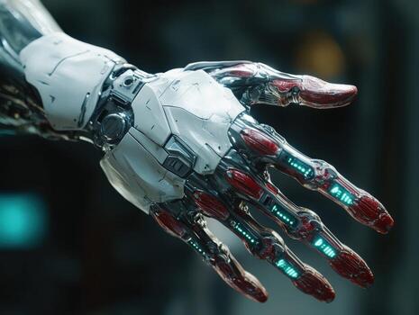 Futuristic cyborg hand with advanced technology features photo