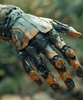Intricate close-up of a cyborg hand in a natural setting photo