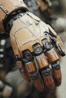 Close-up view of a detailed cyborg hand with intricate components photo