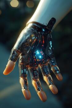 Cyborg hand showcasing advanced technology and design photo