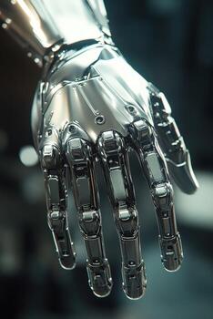 Detailed view of a futuristic cyborg hand with metallic features photo