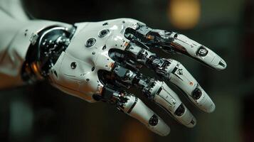 Cyborg hand showcasing advanced technological design details photo