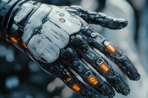 Detailed close-up of a futuristic cyborg hand with glow photo