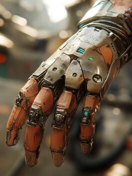 Intricate details of a cyborg hand in a futuristic setting photo