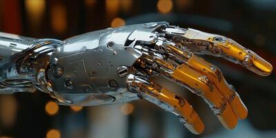 Cyborg hand with intricate design and metallic finish photo