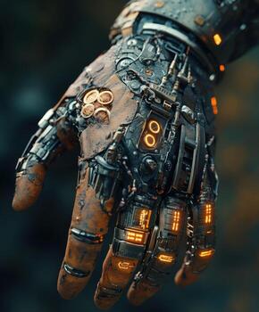 Glowing cyborg hand with intricate mechanics photo