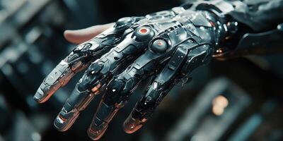 Detailed view of a cyborg hand showcasing advanced technology photo