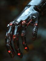 Cyborg hand with glowing elements against a dark background photo