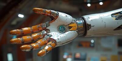 Cyborg hand with intricate mechanical design and glowing detail photo